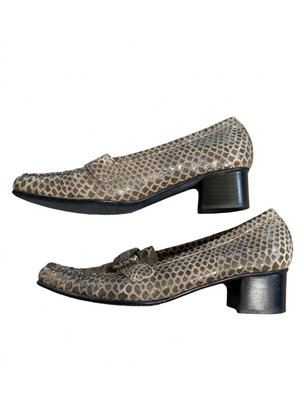 STUART WEITZMAN Snakeskin Embossed Leather Loafers Block Heel Buckle 7.5 - Picture 6 of 8